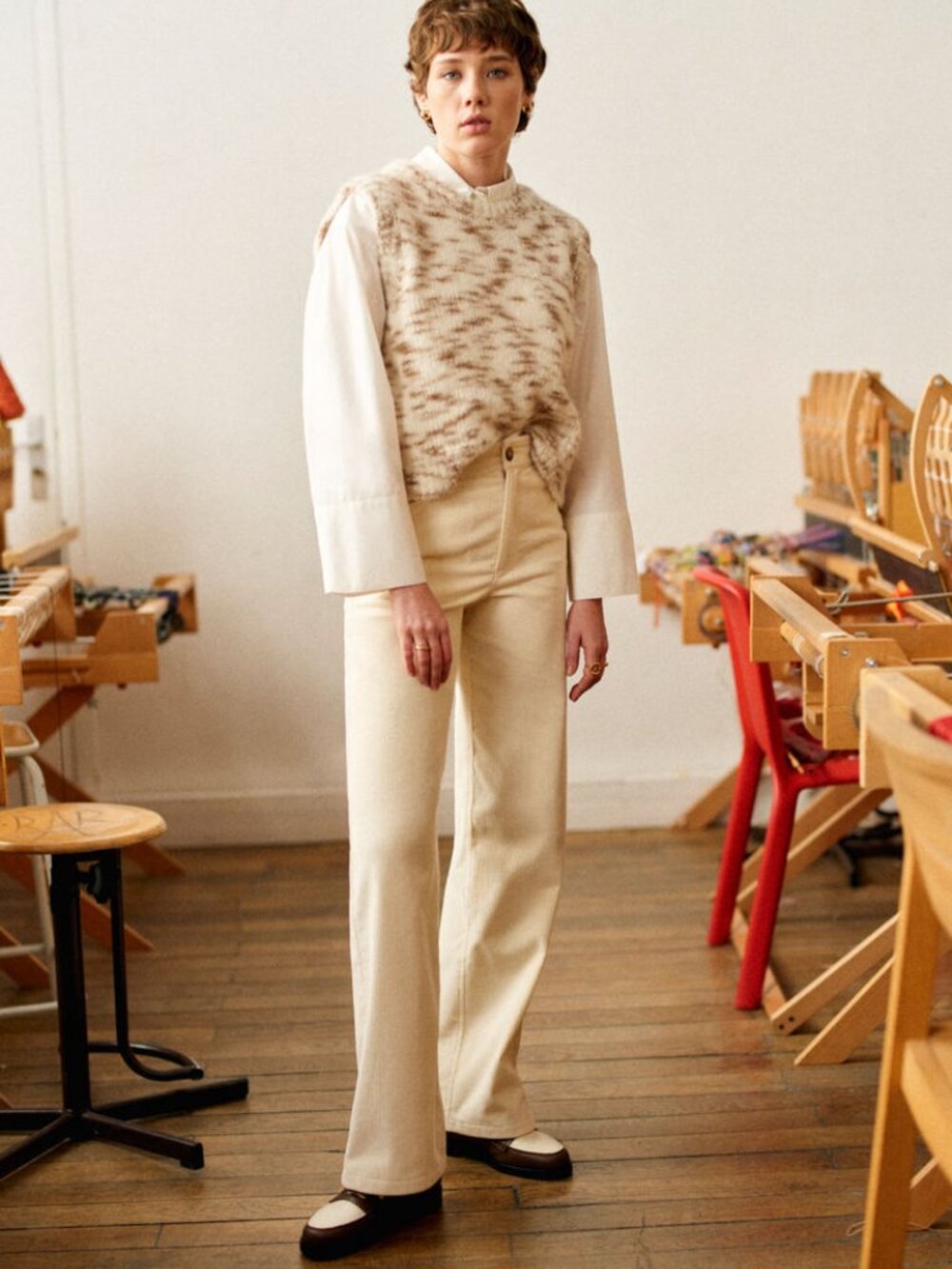 NEW Sezane The Wide Leg Trousers Pants Sz 36/4 Ecru Cream Beige Corduroy